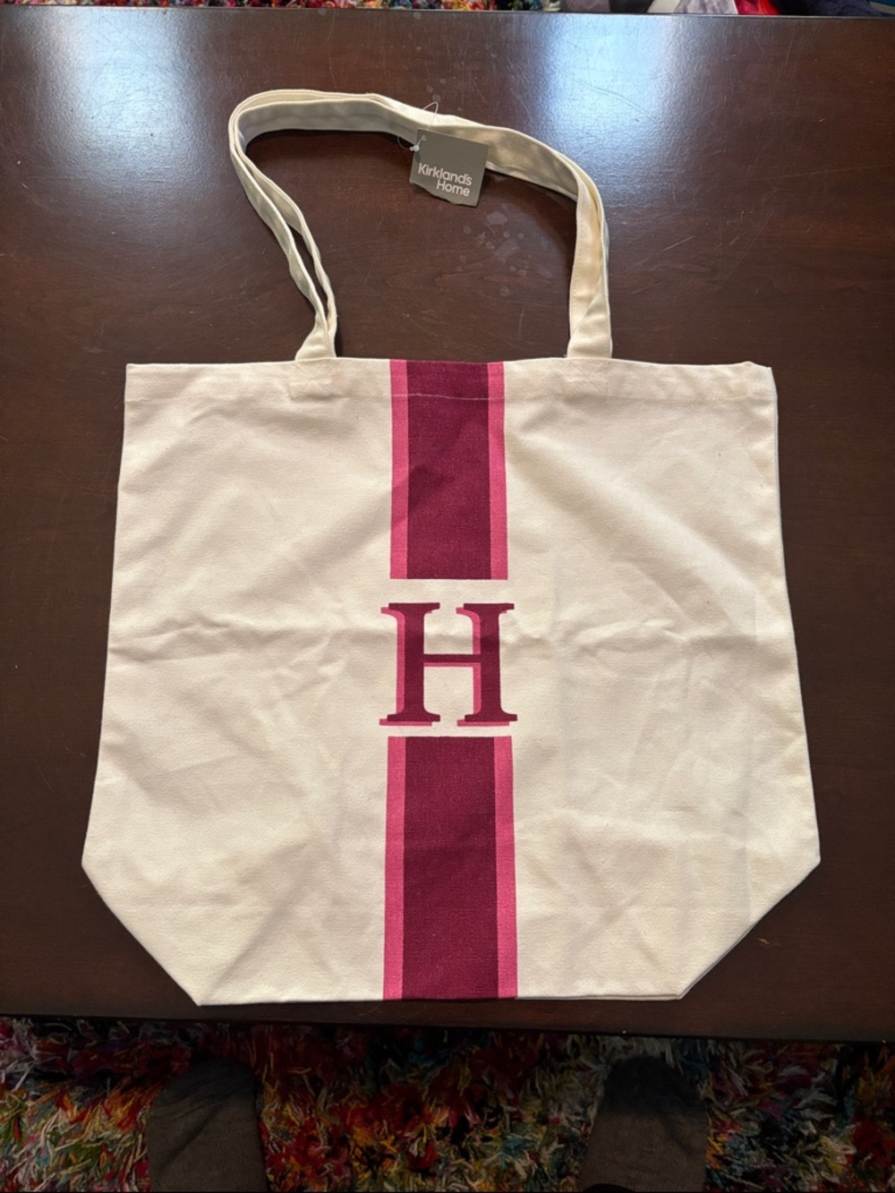Kirkland's Home White Canvas Tote with Pink Stripe & H Monogram NWT